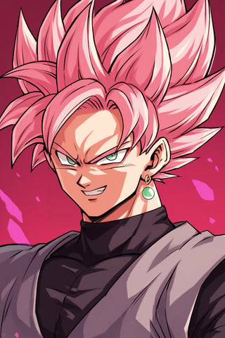 score_9, score_8_up, score_7_up, score_6_up, score_5_up, score_4_up, Butcha, rosev3, spiked hair, pink hair, grey eyes, super saiyan, single earring, dougi, solo, abstract art, source_anime, evil smile, ,score_9_up