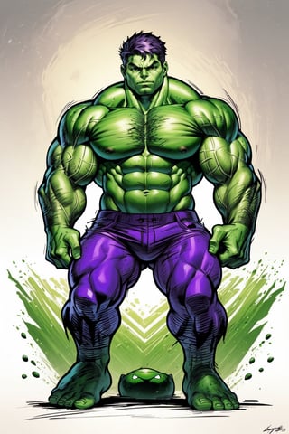 stikers_style, colorful, sketch, abstract art, hulk, hulk, (green skin:1.6), 1boy, muscular, solo, colored skin, abs, (big_muscles:1.5), (hyper_muscles:1.5), purple pants