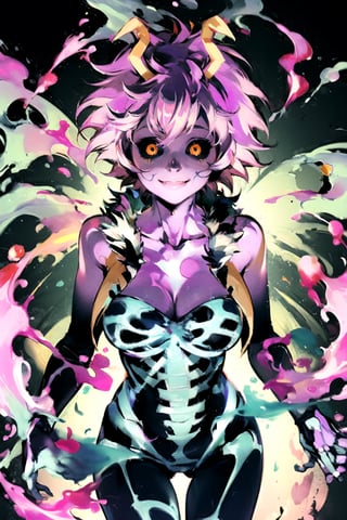 ashidomina,post-Impressionist, short hair, horns, (colored sclera:1.1), (black sclera:1.2), pink skin, collarbone, bare shoulders, cleavage, fur trim, vest, unitard, bodysuit, glowing skeleton, glowing veins, glowing, glowing eyes, aura, skeleton, (x-ray), holding flowers, flowers, smile