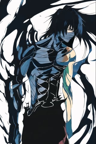  Mugetsu, 1boy, male focus, long hair, black hair, black aura, bandages, solo,