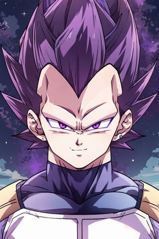 UE_vegeta, 1boy, male focus, muscles, purple hair, purple eyes, no eyebrows,1boy, smile, purple aura,r1ge, full body