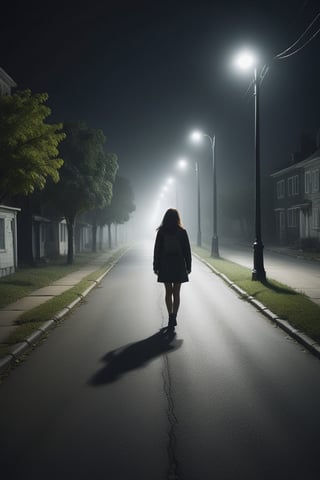 girl walks alone on a desolate street at 2 a.m., where there is only a small light from a streetlamp illuminating the street,outline,brccl