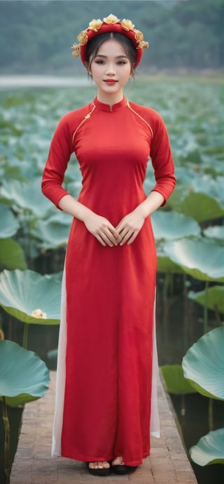 masterpiece,top quality,best quality,official art,beautiful and aesthetic,Sexy Vietnamese Idol 18 year woman,red ao dai with golden lotus pattern,full_body,fully_clothed,background lake with full of lotus,many audience,many photographer,ultra-high quality,photorealistic,sky background,dynamic pose,icemagicAI