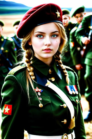 8k, highest quality, ultra detailed:1.37), Masha, 18yo, a beautiful Russian girl, proudly stands in a military uniform, representing her role as a soldier. She wears a fitted olive green dress, complete with a beret and combat boots. The high-resolution image captures ultra-detailed realism, highlighting masha's determined expression, piercing eyes, and confident stance. The backdrop showcases an russian military base, adding to the authenticity and significance of the image. This visually striking representation showcases Eliana's strength and dedication as a soldier.