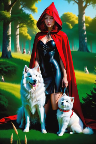 Little Red Riding Hood in her iconic black cloak embracing a White samoyedo,standing in a vibrant green meadow clearing,soft focus,dappled sunlight filtering through dense trees,wolf's fur texture highlighted,warm interaction between characters,fairy tale atmosph,highly realistic,ruddy skin,beautiful,full lips,smiling,feeling of lightness and joy,hyperrealism,skin very elaborated,direct gaze,style of Greg Rutkowski,oil paint,RAW photo,best quality,realistic,photo-Realistic,best quality,masterpiece,vibrant color,high contrast,Bright and intense,photography,photorealistic concept art,ambient lighting,sidelighting,Exquisite details and textures,cinematic shot,Full-Body,ultra hd,realistic,vivid colors,highly detailed,soft natural volumetric cinematic perfect light,perfect composition,beautiful detailed intricate insanely detailed octane render trending,Warm tone,HDR,beautiful and aesthetic
