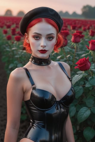 realistic photo, masterpiece, highest quality, high quality, (detailed face and eyes:1.1), a mime skinny girl standing close to a flower field, bikini, girl, beret, noir, pale skin, beret, micro bikini, choker, (by Jeremy Lipking), (by Antonio J Manzanedo), red roses, a field of red roses, dusk lighting, freckles, ((suspenders)), full body, latex (((micro bikini))), ((cameltoe)),Extremely Realistic,photo r3al