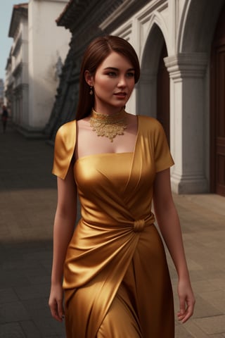 A realistic three-dimensional render of an elegant lady with brown hair, showcasing intricately detailed skin texture and shadow, trending on Artstation with high-quality 8k resolution, acmm ss outfit, Myanmar, Burmese,acmm ss outfit,1 girl