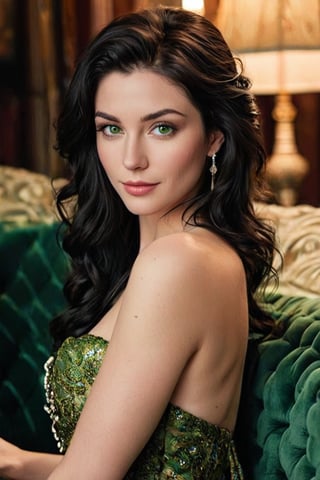 majestic woman, around 40 years old, sits poised on a plush couch, bathed in soft candlelight that casts a warm glow on her features. Ornate furnishings and rich textures create a luxurious atmosphere. Her raven hair, like a waterfall of night, cascades down her back, framing her porcelain skin and piercing green eyes that sparkle with quiet confidence. A subtle smile plays on her lips as she gazes out at the viewer with an air of elegance and poise.
