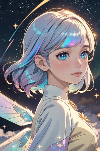 (masterpiece, best quality, CGI, official art:1.2), (stunning celestial being:1.3), (iridescent wings:1.4), shimmering silver hair, piercing sapphire eyes, gentle smile, (luminous aura:1.2), soft focus, whimsical atmosphere, serene emotion, dreamy tone, vibrant intensity, inspired by Hayao Miyazaki's style, ethereal aesthetic, pastel colors with (soft pink accents:1.1), warm mood, soft golden lighting, diagonal shot, looking up in wonder, surrounded by (delicate clouds:1.1) and (shimmering stardust:1.2), focal point on the being's face, intricate textures on wings and clothes, highly realistic fabric texture, atmospheric mist effect, high image complexity, detailed environment, subtle movement of wings, dynamic energy.