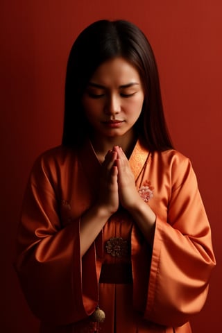 A Chinese ancient beauty is praying, with hands clasped together, eyes closed in silence, wearing a solemn yet beautiful expression, Red Background