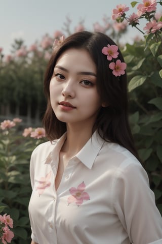 1 girl, solo, detailed eyes, blink and youll miss it detail, silk shirt, outdoors, flower garden, high quality, floral background, very detailed,wonder beauty ,Enhance,JeeSoo 