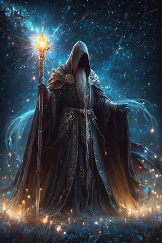 hidden face, head down, mystical figure clads in tattered armor and robe, featuring a long, flowing cape and a pointed wizardâs hat, The figure should be holding a staff topped with an intricate design, standing against a backdrop of a starry night sky with glowing particles and motes of light surrounding them, atmosphere should evoke a sense of magic and mystery, , , , , , ,LegendDarkFantasy,stworki