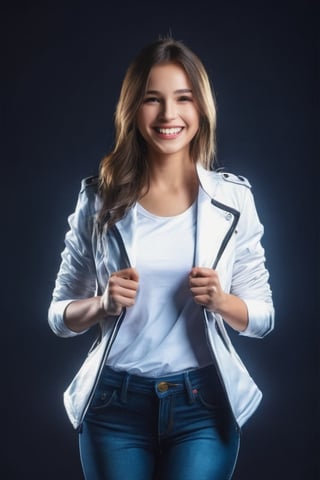 Masterpiece, highest quality image, A girl smiles, opening a black jacket with her hands, showing a white t-shirt, masterpiece, hdr, high resolution, best quality, masterpiece, studio light, professional,3d style