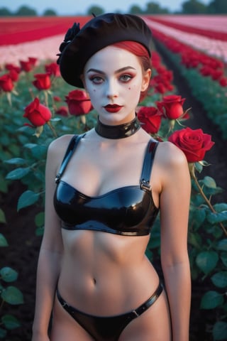 realistic photo, masterpiece, highest quality, high quality, (detailed face and eyes:1.1), a mime skinny girl standing close to a flower field, bikini, girl, beret, noir, pale skin, beret, micro bikini, choker, (by Jeremy Lipking), (by Antonio J Manzanedo), red roses, a field of red roses, dusk lighting, freckles, ((suspenders)), full body, latex (((micro bikini))), ((cameltoe)),Extremely Realistic,photo r3al