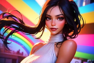 masterpiece,best quality,1girl,solo,fashi-girl,mature girl,cute,sweet,long brown hair,ponytail hair,brown eyes,closed mouth,red lips,face brushed by the wind,white dress,medium breasts, (flower_styler:1.2)(rainbow-candy::1.2),Masterpiece,girl   smile,smile,girl