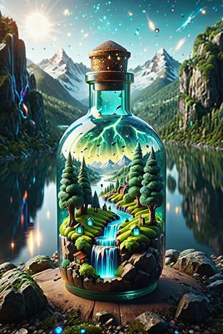 best quality,high resolution,realistic,extremely detailed,8k,crisp,vibrant detailed macro image masterpiece,glowing floating insane dream particles artistic hyperdetailed immersive galactic fantasy,huge realistic,detailed busy scene inspired cinematic, micro shot, miniature world, extreme close up inside the big magical bottle, iridescent colorful massive neon lightning strikes contained inside the rounded bottle, detailed landscape with trees and mountains and rivers inside the rounded bottle, there should be mist and smoke inside the rounded bottle, intricate, blurry dark background, , , ,brccl,glitter