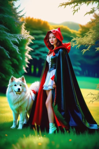 Little Red Riding Hood in her iconic ultra sexy black cloak embracing a White samoyedo,standing in a vibrant green meadow clearing,soft focus,dappled sunlight filtering through dense trees,wolf's fur texture highlighted,warm interaction between characters,fairy tale atmosph,highly realistic,ruddy skin,beautiful,full lips,smiling,feeling of lightness and joy,hyperrealism,skin very elaborated,direct gaze,style of Greg Rutkowski,oil paint,RAW photo,best quality,realistic,photo-Realistic,best quality,masterpiece,vibrant color,high contrast,Bright and intense,photography,photorealistic concept art,ambient lighting,sidelighting,Exquisite details and textures,cinematic shot,Full-Body,ultra hd,realistic,vivid colors,highly detailed,soft natural volumetric cinematic perfect light,perfect composition,beautiful detailed intricate insanely detailed octane render trending,Warm tone,HDR,beautiful and aesthetic