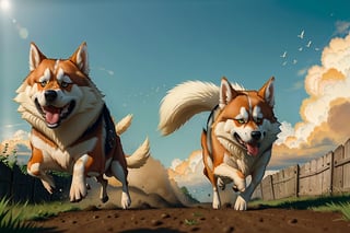 samoyedo y husky corriendo en la pradera