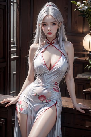 photorealistic, high resolution, 1women, shining skin, solo, hips up, jewelry, pink lips, long white hair, blue eyes, red cheongsam, floral print,long dress, Chinese background 