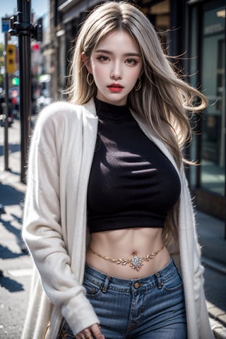 female,masterpiece, realistic, best quality, ultra detailed, waist up, long hair, jewelery, fashionable accessories, red lips, street wear