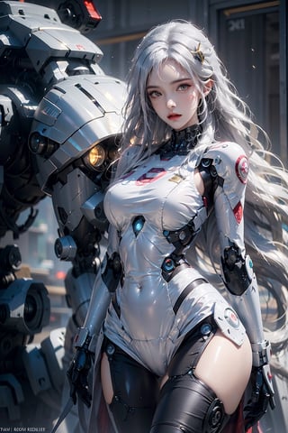 photorealistic, high resolution, 1women, solo, hips up, long white hair, robot,roblit,robot woman, robot body, mechanic body, metal body, cyborg,(black gold, trimmed gear:1.2),mecha