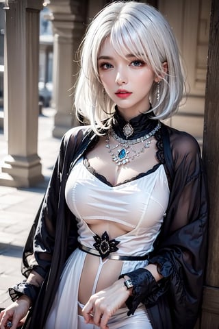 female,masterpiece, realistic, best quality, ultra detailed, waist up, white hair, ((colorful hair)), jewelery, fashionable accessories, dress, 2b