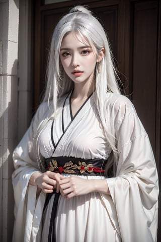 female,masterpiece, realistic, best quality, ultra detailed, waist up, white hair, jewelery, fashionable accessories, hanfu
