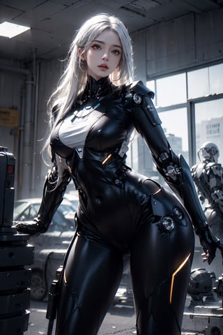 photorealistic, high resolution, 1women, solo, hips up, long white hair, robot,roblit,robot woman, robot body, mechanic body, metal body, cyborg,(black gold, trimmed gear:1.2)