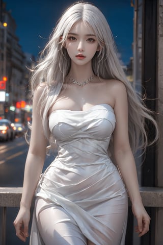 1female,solo,masterpiece, realistic, best quality, ultra detailed,cowboy_shot, long white hair, jewelery, strapless dress, night city