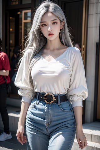female,masterpiece, realistic, best quality, ultra detailed, waist up, silver hair, jewelery, fashionable accessories, street wear, fashion clothing, colorful