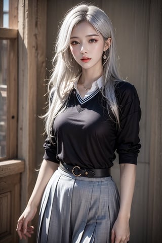 female,masterpiece, realistic, best quality, ultra detailed, waist up, silver hair, jewelery, fashionable accessories, school_uniform