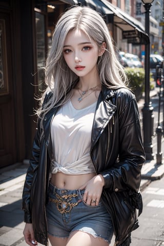 female,masterpiece, realistic, best quality, ultra detailed, waist up, silver hair, jewelery, fashionable accessories, street wear, fashion clothing, colorful