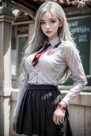 female,masterpiece, realistic, best quality, ultra detailed, cowboy_shot, long white hair, fashionable accessories, school_uniform