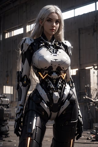 photorealistic, high resolution, 1women, solo, hips up, long white hair, robot,roblit,robot woman, robot body, mechanic body, metal body, cyborg,(black gold, trimmed gear:1.2)