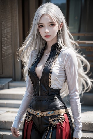 female,masterpiece, realistic, best quality, ultra detailed, cowboy_shot, long white hair, fashionable accessories, 
