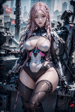 photorealistic, high resolution, 1women, solo,hips up, jewelry, long pink hair, blue eye,mecha,Mecha