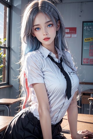 photorealistic, high resolution, 1women, shining skin, solo, hips up, jewelry, pink lips, long white hair, blue eyes, school uniform, black shirt, classroom,woman,girl,blue eyes