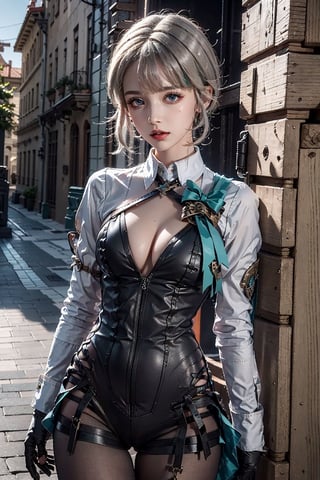 photorealistic, masterpiece, photorealistic, high resolution, soft light, hips up, woman,girl,blue eyes,girl star \(symbol\), bow bowtie clothing cutout puffy sleeves white shirt gloves cat tail black dress black skirt black pantyhose