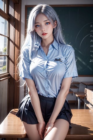 photorealistic, high resolution, 1women, shining skin, solo, hips up, jewelry, pink lips, long white hair, blue eyes, school uniform, black shirt, classroom,woman,girl,blue eyes