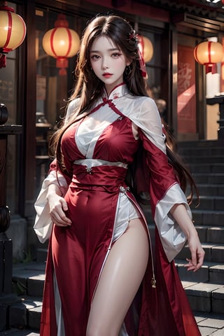 photorealistic, high resolution, 1girl, hips up, jewelry, pink lip, long hair,The picture is frozen in a solemn and solemn memorial scene. The ancient courtyard was surrounded by red lanterns, and their faint light illuminated the entire scene.A woman wearing a red hanfu dress. Her long hair was as black, hanging down to her waist. A red ribbon fluttered gently in the breeze