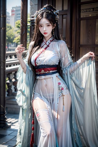 female,masterpiece, realistic, best quality, ultra detailed, waist up, long hair, ((colorful hair)),tattoo, jewelery, fashionable accessories,myhanfu