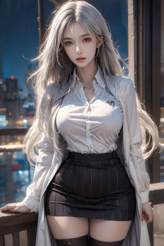 1female,solo,masterpiece, realistic, best quality, ultra detailed,cowboy_shot, long white hair, jewelery,shirt, skirt suit, thighhighs, night city