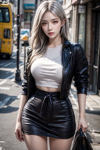 female,masterpiece, realistic, best quality, ultra detailed, waist up, silver hair,fashionable accessories, street wear