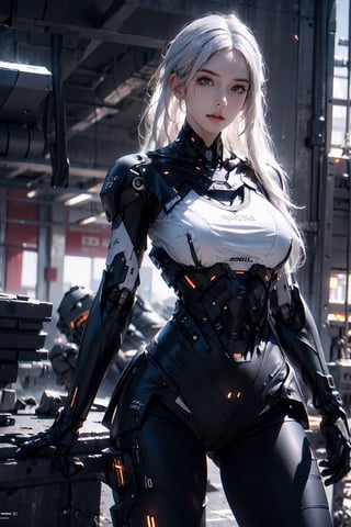 photorealistic, high resolution, 1women, solo, hips up, long white hair, robot,roblit,robot woman, robot body, mechanic body, metal body, cyborg,(black gold, trimmed gear:1.2)