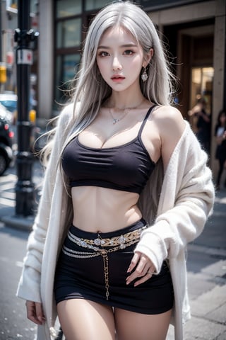 female,masterpiece, realistic, best quality, ultra detailed, waist up, silver hair, jewelery, fashionable accessories, street wear