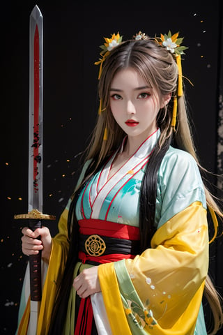 muelsyse (arknights),1girl, solo,hanfu,chinese clothes,splatter background, holding sword, best quality, amazing quality, very aesthetic, absurdres