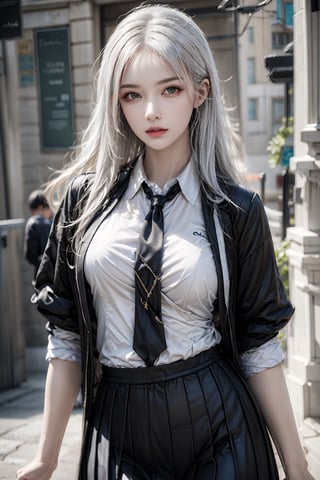 female,masterpiece, realistic, best quality, ultra detailed, cowboy_shot, long white hair, fashionable accessories, school_uniform