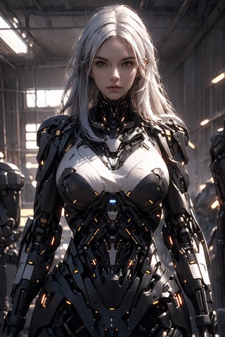 photorealistic, high resolution, 1women, solo, hips up, long white hair, robot,roblit,robot woman, robot body, mechanic body, metal body, cyborg,(black gold, trimmed gear:1.2)