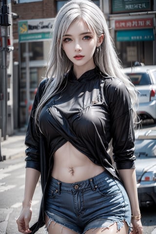female,masterpiece, realistic, best quality, ultra detailed, cowboy_shot, long white hair, fashionable accessories, street wear