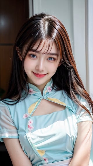 girl,  beautiful body, blue eyes, brown hair, qipao, white qipao, long hair, white , Pantyhose, (Shy:1.5), Embarrassed, chinense clothes, Hair bangs, look at viewer, ,Realism,Portrait,Raw photo, (flirtatious smile), blue eyes, (blue eyes:1.1),QIPAO,Cheongsam,Fashion cheongsam